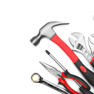 A collection of tools including a spanner, a pair of pliers, a screwdriver, a hammer and a wrench.