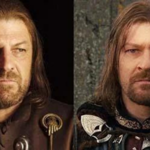 A two-panel image each side showing one half of a face. the faces belong to fictional characters the actor Sean Bean has played namely, Ned Stark from the game of thrones and Boromir from Lord of the Rings