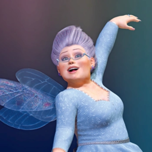 A picture of an elderly fairy in a blue dress, glasses, grey hair and sporting butterfly wings, the Fairy Godmother as portrayed in the animated movie, Shrek 2. 