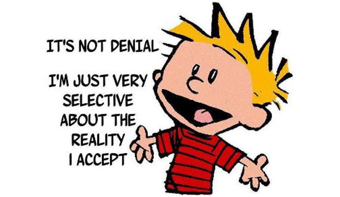 An image of Calvin, of the Calvin and Hobbes comic strip, smiling. The dialog says "It's not denial. I'm just very selective about the reality I accept."