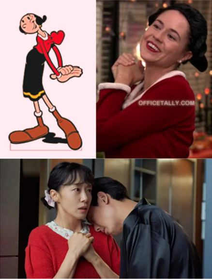 A composite image showing the famous cartoon character from Popeye, Olive Oyl, then Pamela Beezly from the mocumentary series The Office dressed as Olive Oyl, and last, a still from the show Crash Course in Romance showing the main character, Haeng-seon wearing a red shirt similar to Olive Oyl